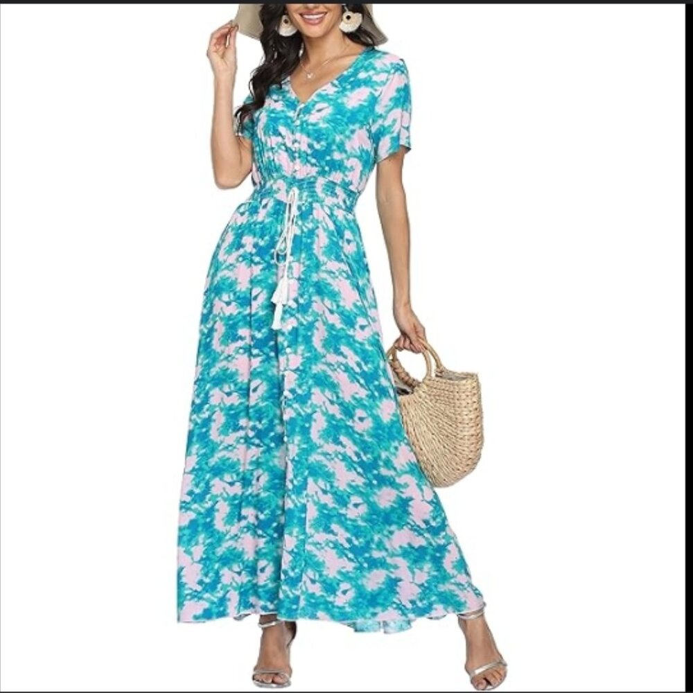 Tie Die Boho Button Up Maxi Dress Green & Pink XXL